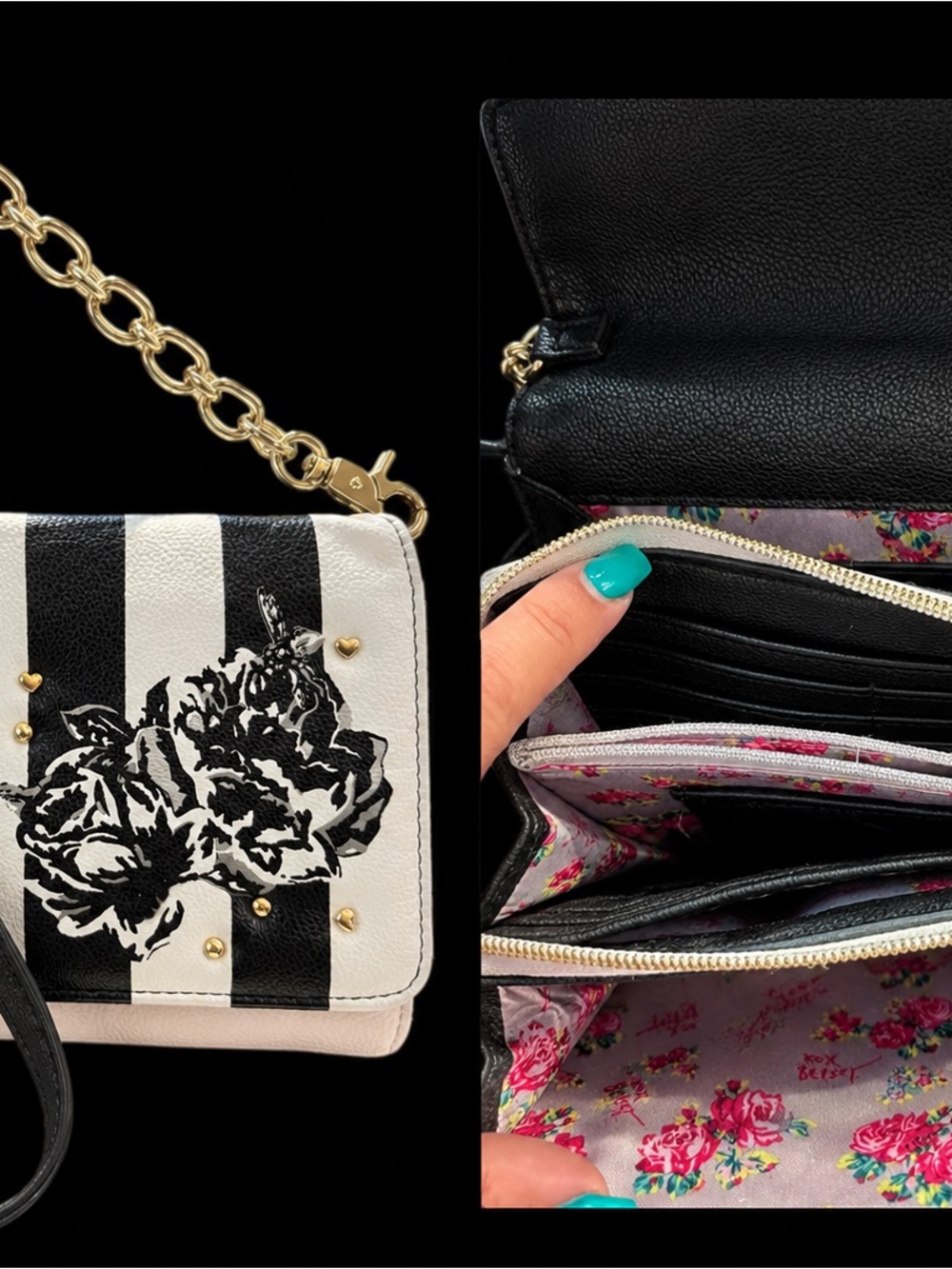 Betsey Johnson Black & White Striped Floral Crossbody with Gold Chain Strap